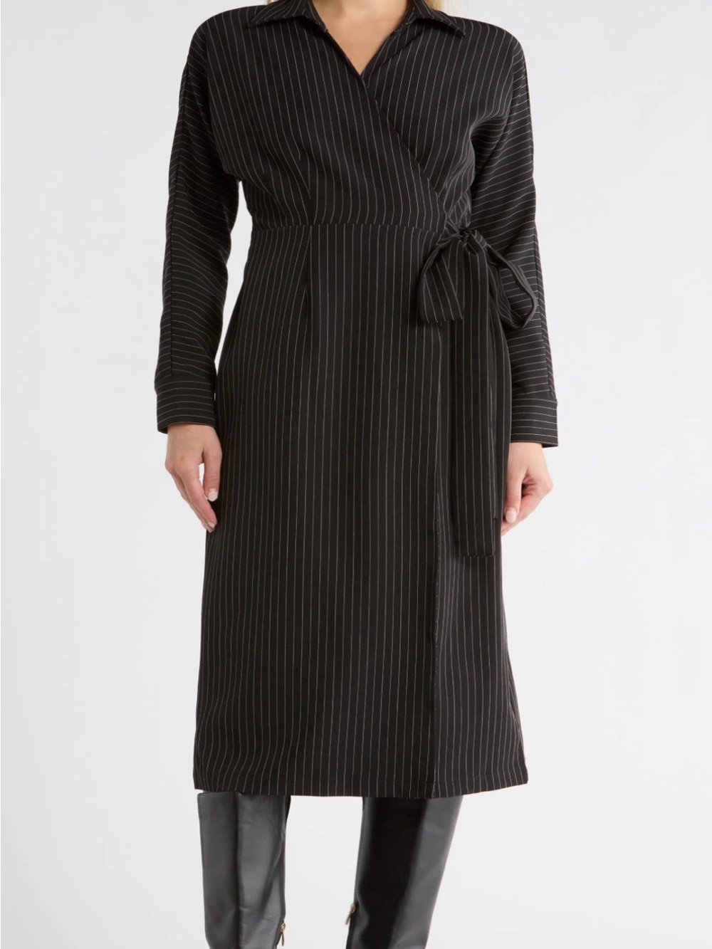 Black Pinstripe Wrap Midi Dress with Self-Tie Belt